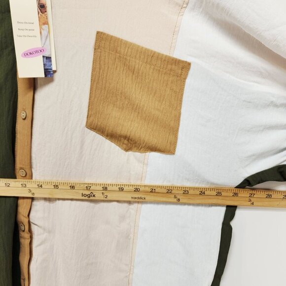 Colorblock Button-Up Short-Sleeve Shirt Women Size 2XL Dokotoo Green Beige White - Picture 6 of 8